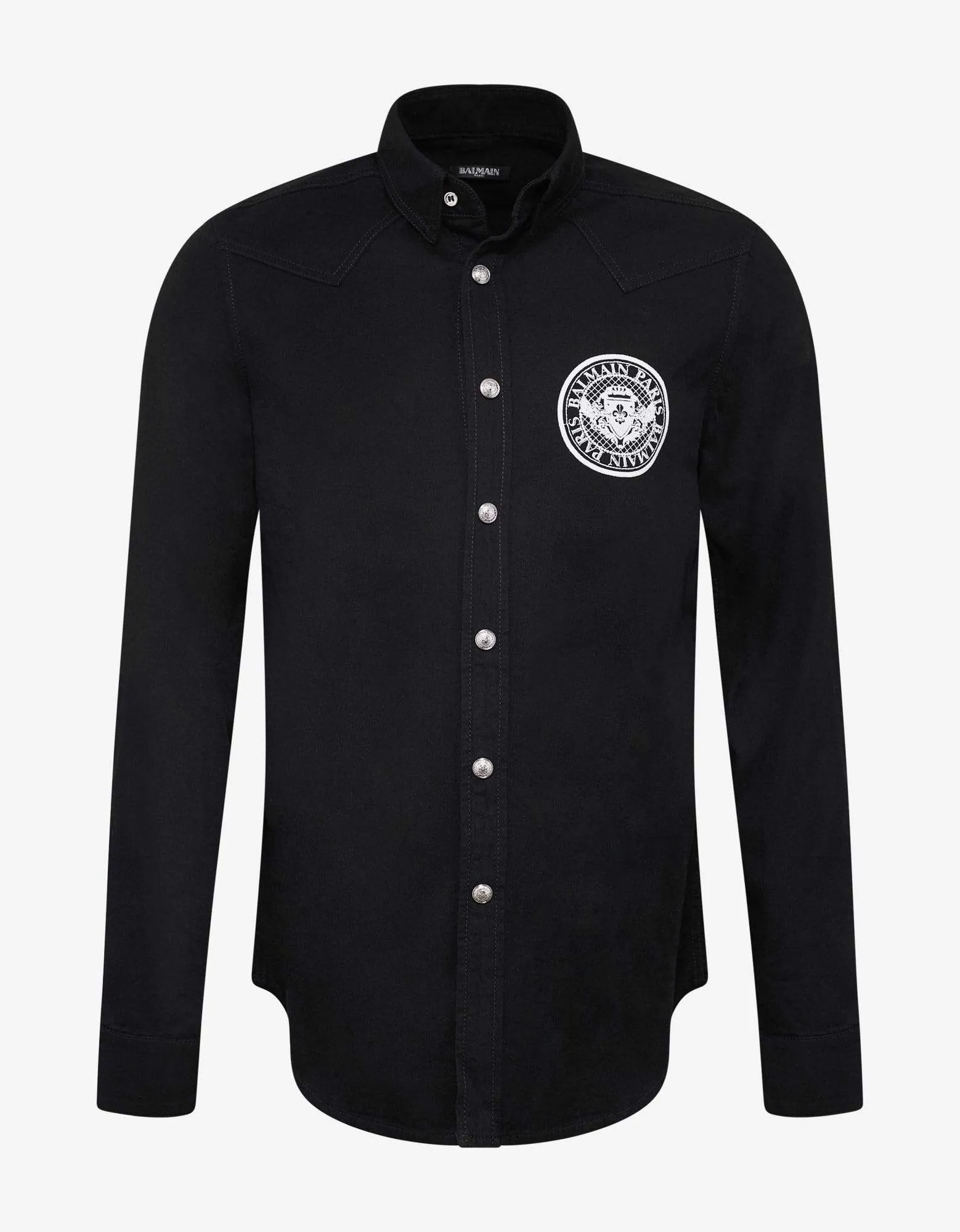 Balmain Black Logo Medallion Denim Shirt sold by Zoo Fashions