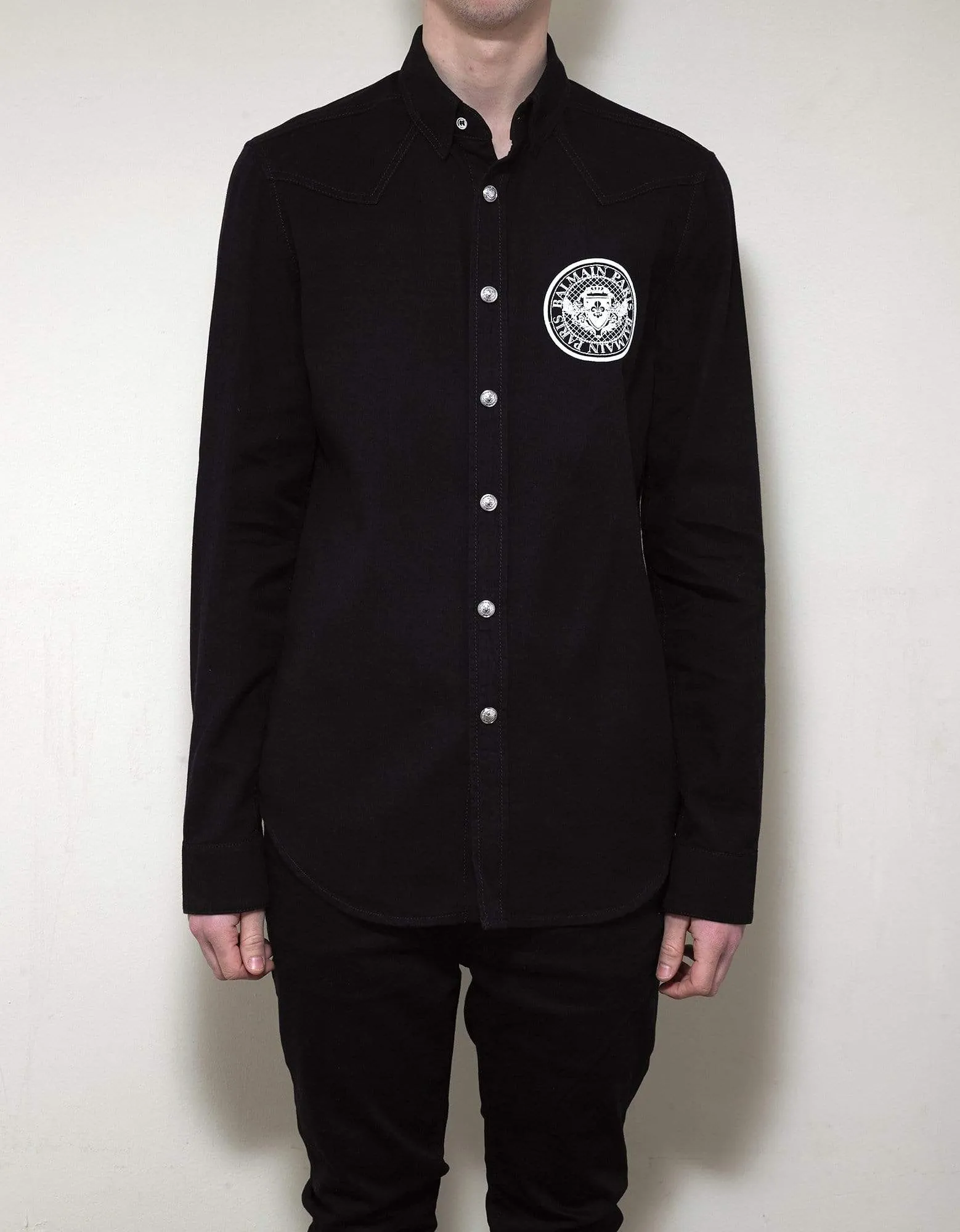 Balmain Black Logo Medallion Denim Shirt sold by Zoo Fashions product image thumbnail 3
