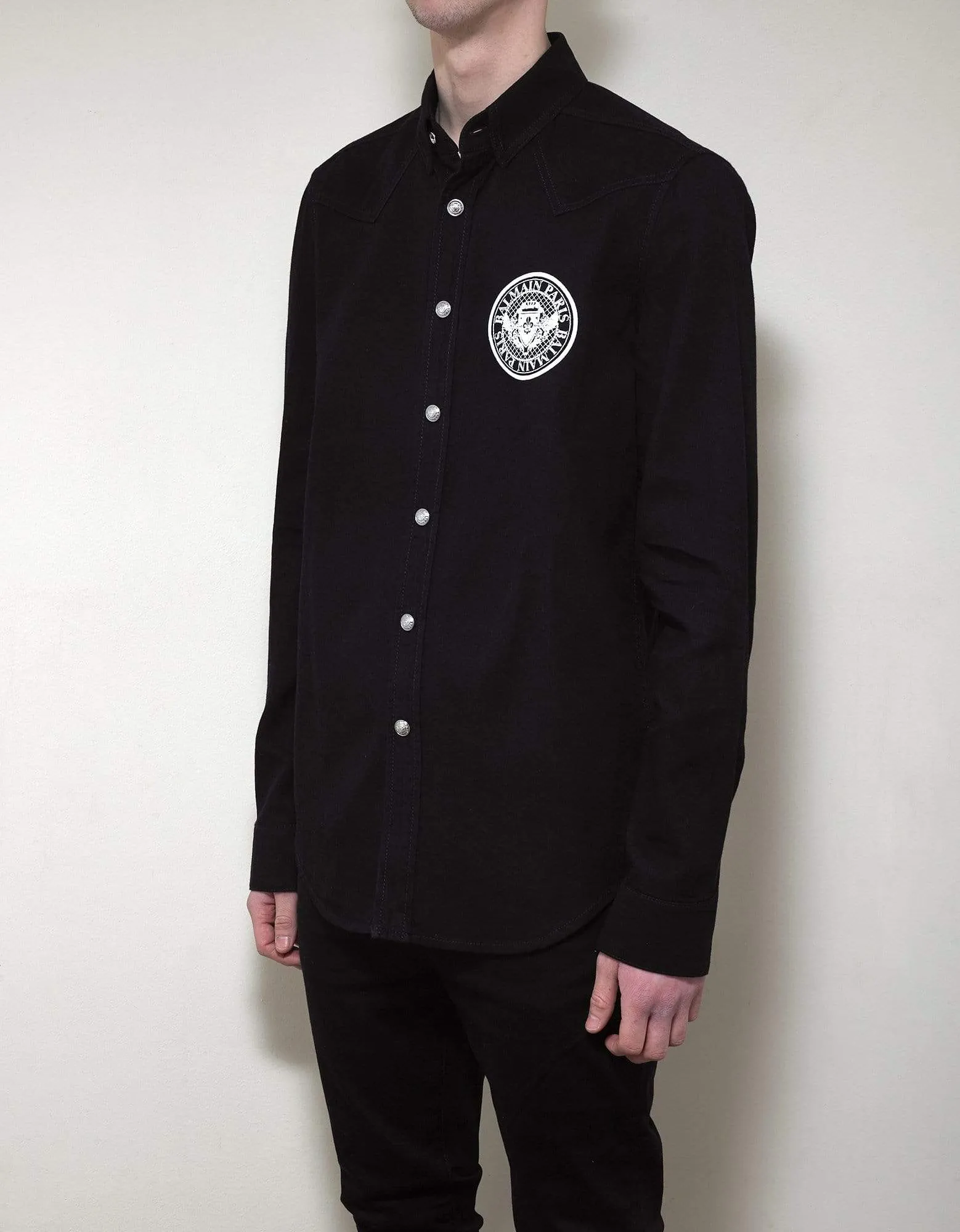 Balmain Black Logo Medallion Denim Shirt sold by Zoo Fashions product image thumbnail 2