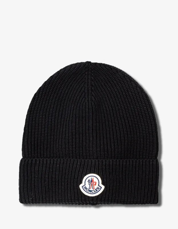 Moncler Black Ribbed Logo Beanie Hat sold by Zoo Fashions
