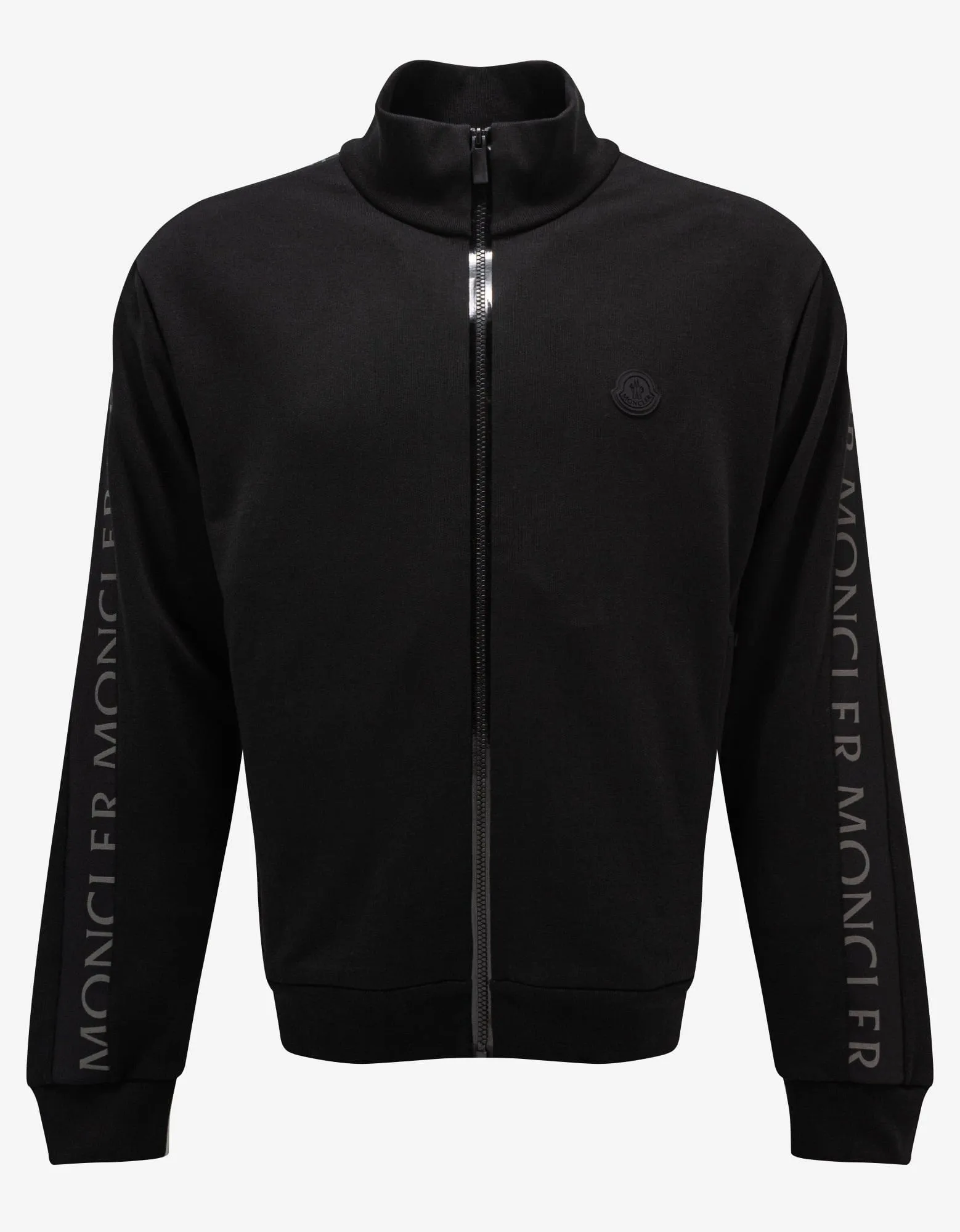 Moncler Black Logo Sleeve Zip Funnel Sweatshirt sold by Zoo Fashions