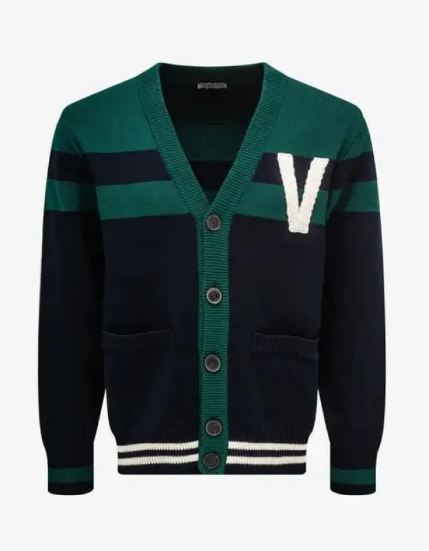 Valentino Navy Blue & Green V Logo Patch Cardigan sold by Zoo Fashions