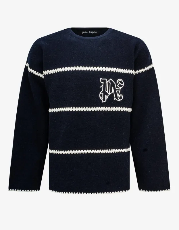 Palm Angels Navy Blue PA Monogram Stripe Sweater sold by Zoo Fashions