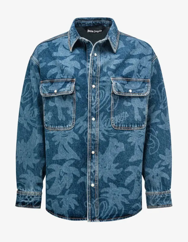 Palm Angels Blue Palmity All-over Laser Denim Shirt sold by Zoo Fashions