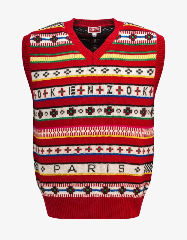 Kenzo Red Fair Isle Jacquard Sleeveless Jumper sold by Zoo Fashions