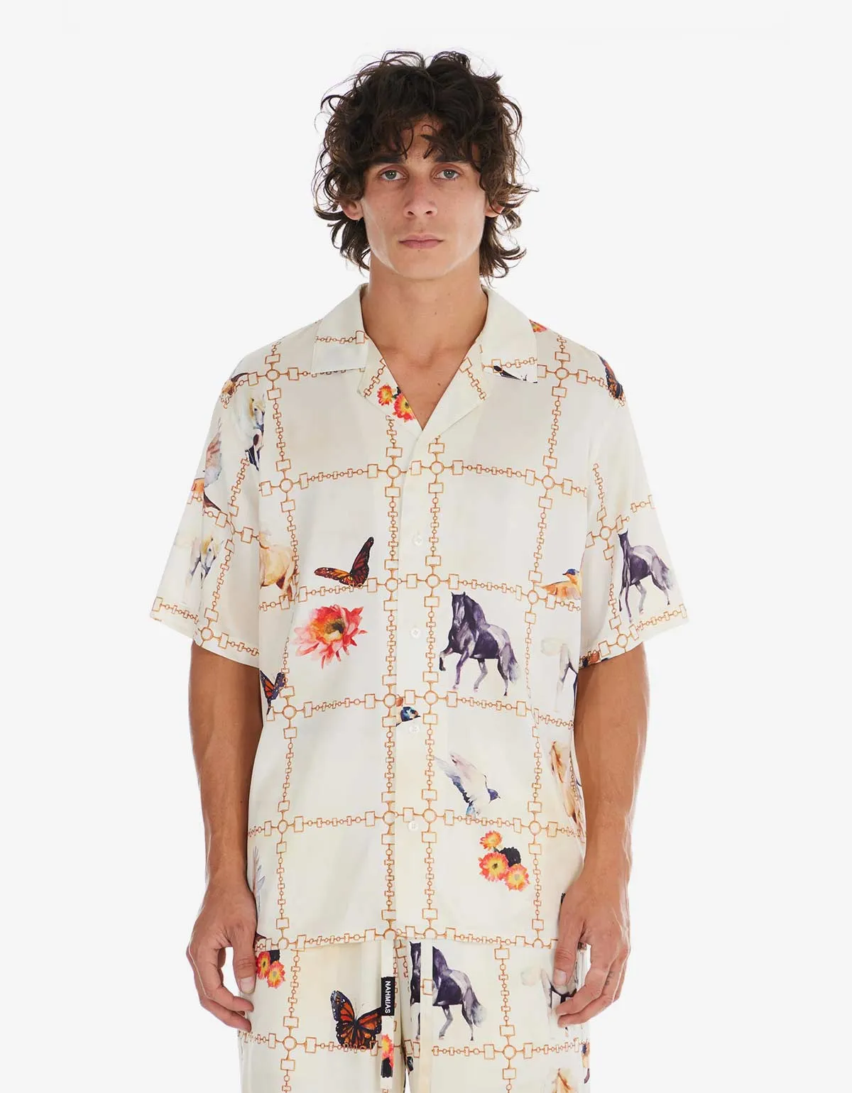 Nahmias White Wildlife Short Sleeve Silk Shirt sold by Zoo Fashions
