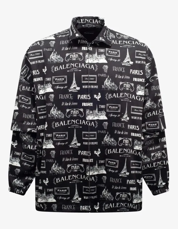 Balenciaga Black Double Sleeve Paris Resto Print Windbreaker - SS20 sold by Zoo Fashions