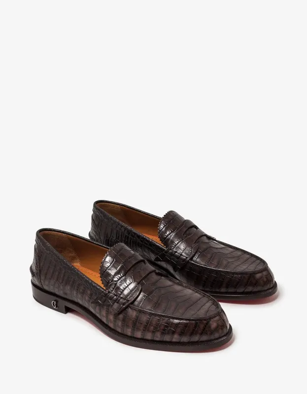 Christian Louboutin No Penny Mini-Croc Brown Loafers sold by Zoo Fashions