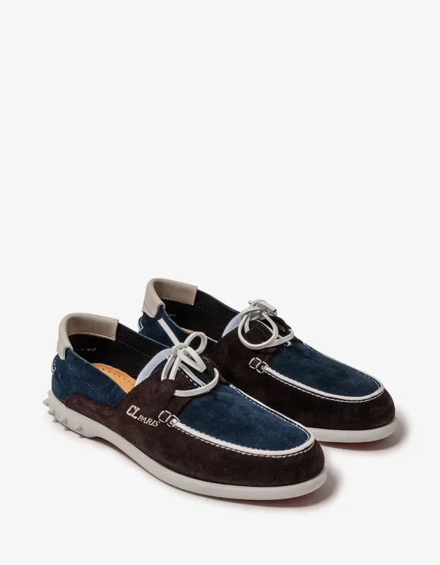 Christian Louboutin Geromoc Navy & Brown Suede Leather Loafers sold by Zoo Fashions