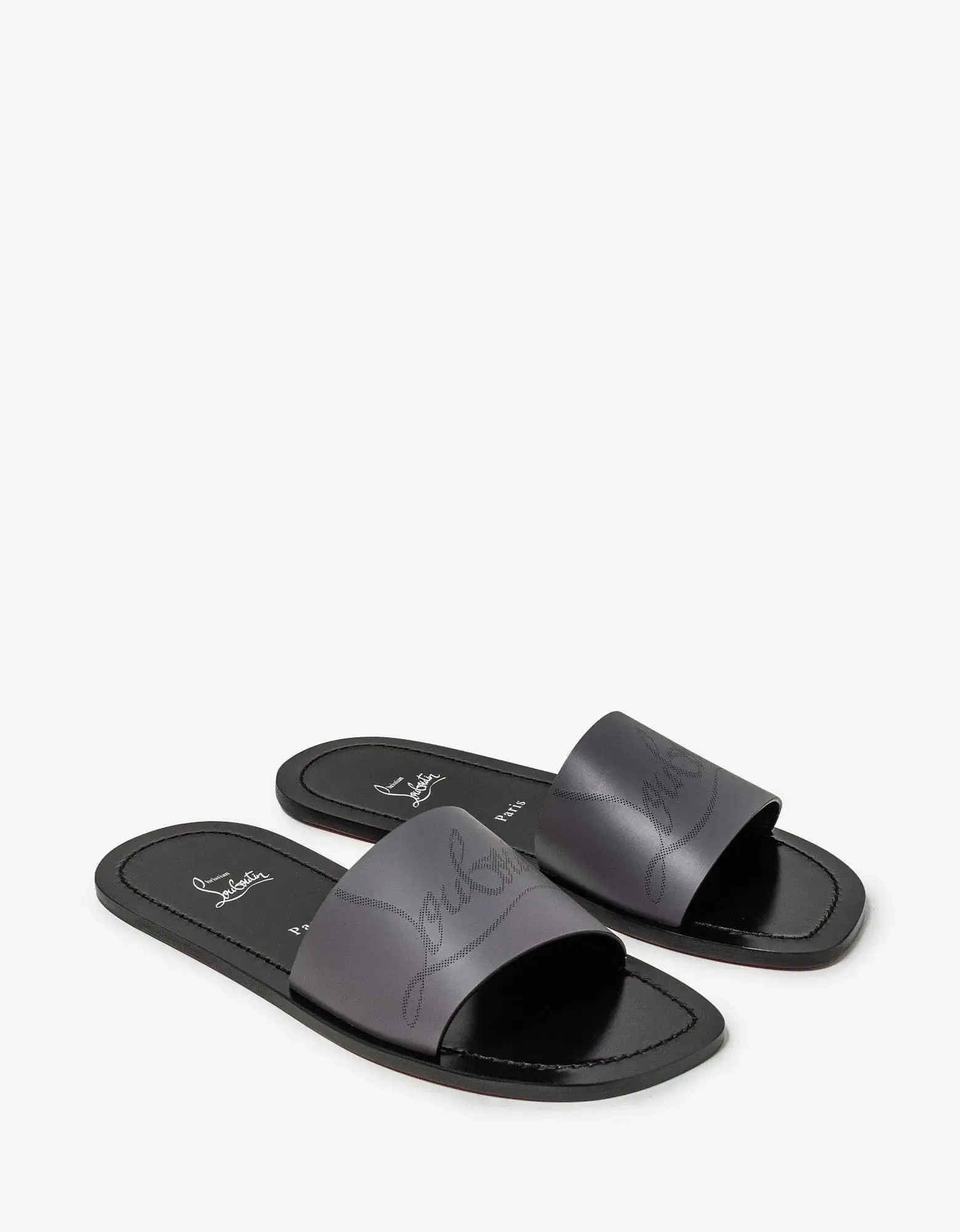 Christian Louboutin Coolraoul Grey Leather Slide Sandals sold by Zoo Fashions
