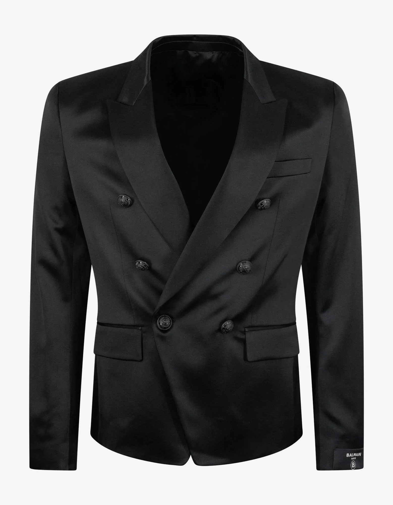 Balmain Black Double-Breasted Silk Blazer sold by Zoo Fashions