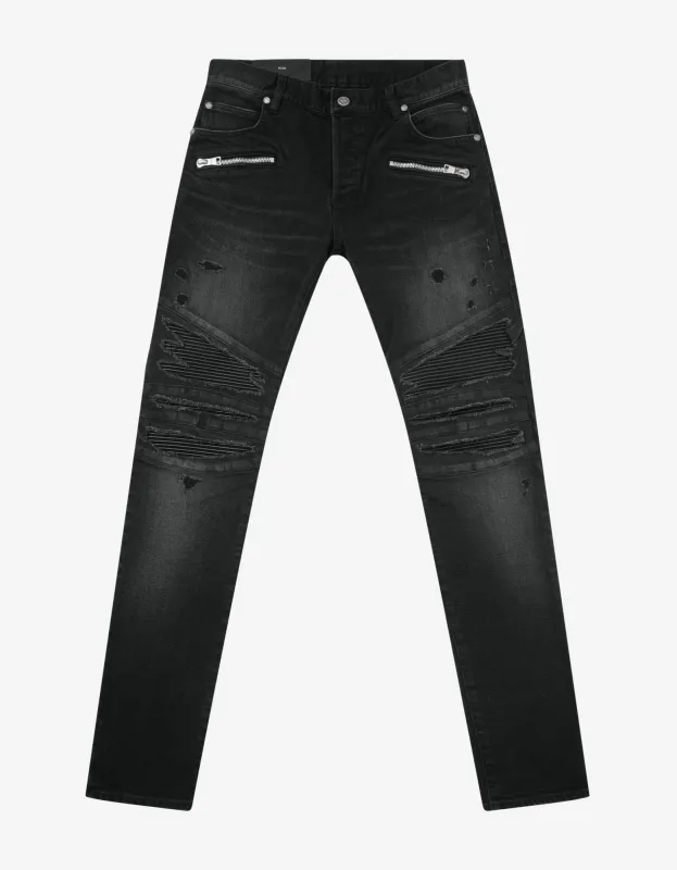 Balmain Black Ribbed Panel Destroyed Slim Biker Jeans made by Balmain