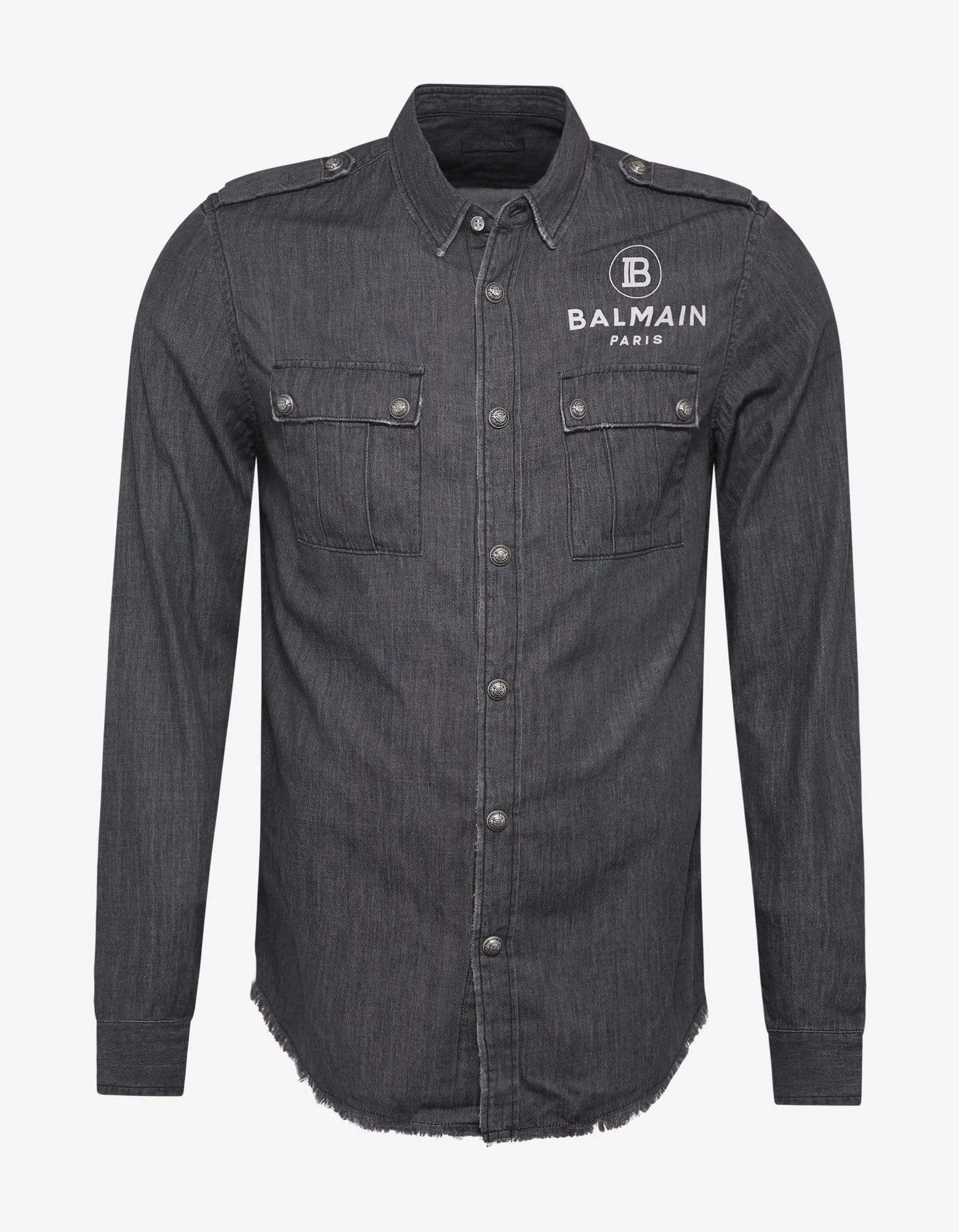 Balmain Grey Denim Logo Print Military Shirt sold by Zoo Fashions