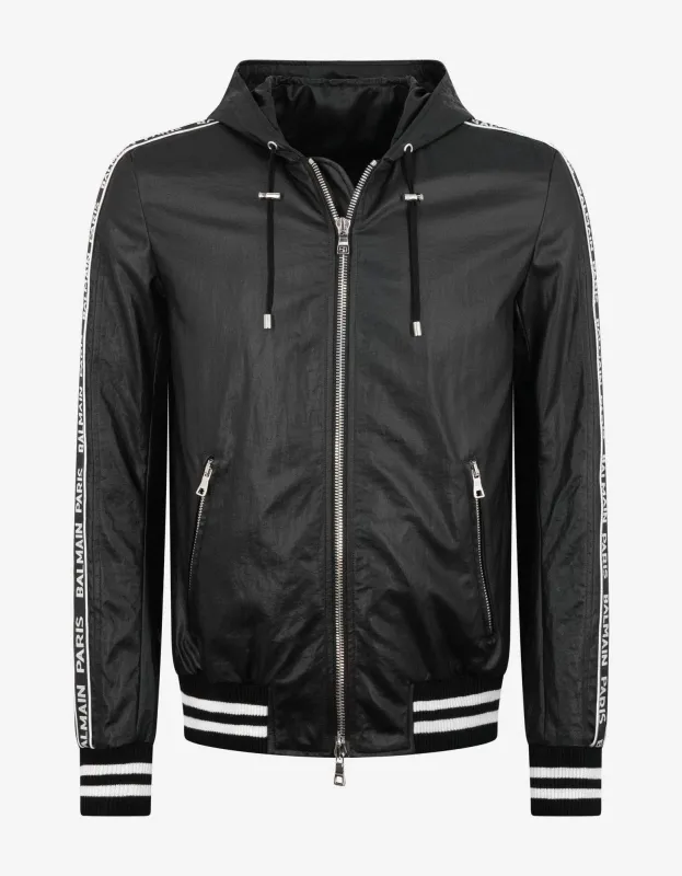 Balmain Black Coated Nylon Logo Band Jacket made by Balmain