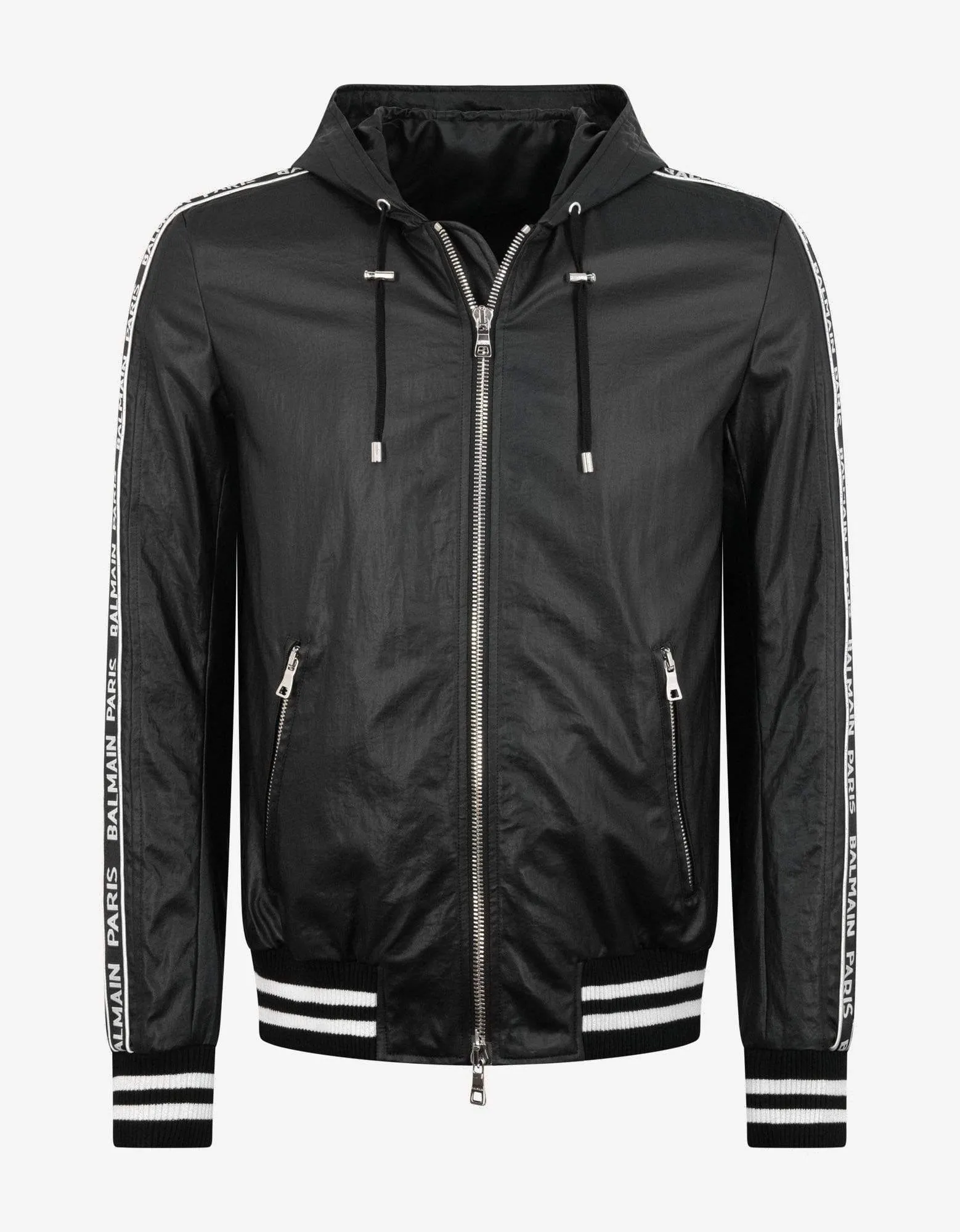 Balmain Black Coated Nylon Logo Band Jacket sold by Zoo Fashions