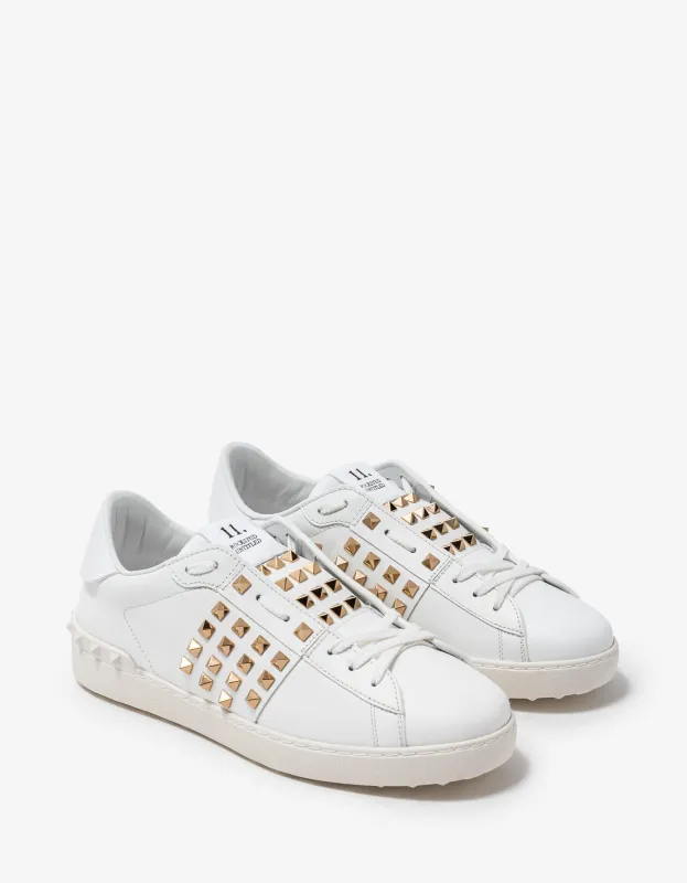 Valentino White & Gold Rockstud Untitled Trainers sold by Zoo Fashions