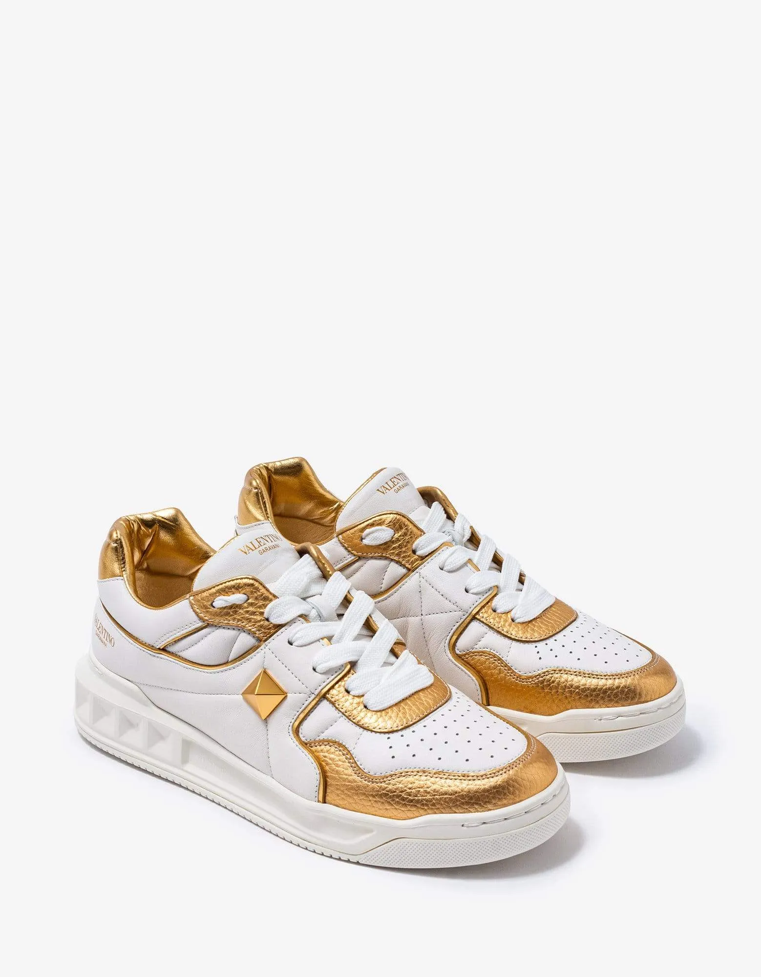 Valentino White & Gold One Stud Trainers sold by Zoo Fashions