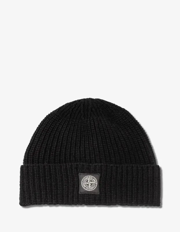 Stone Island Black Logo Patch Wool Beanie Hat sold by Zoo Fashions
