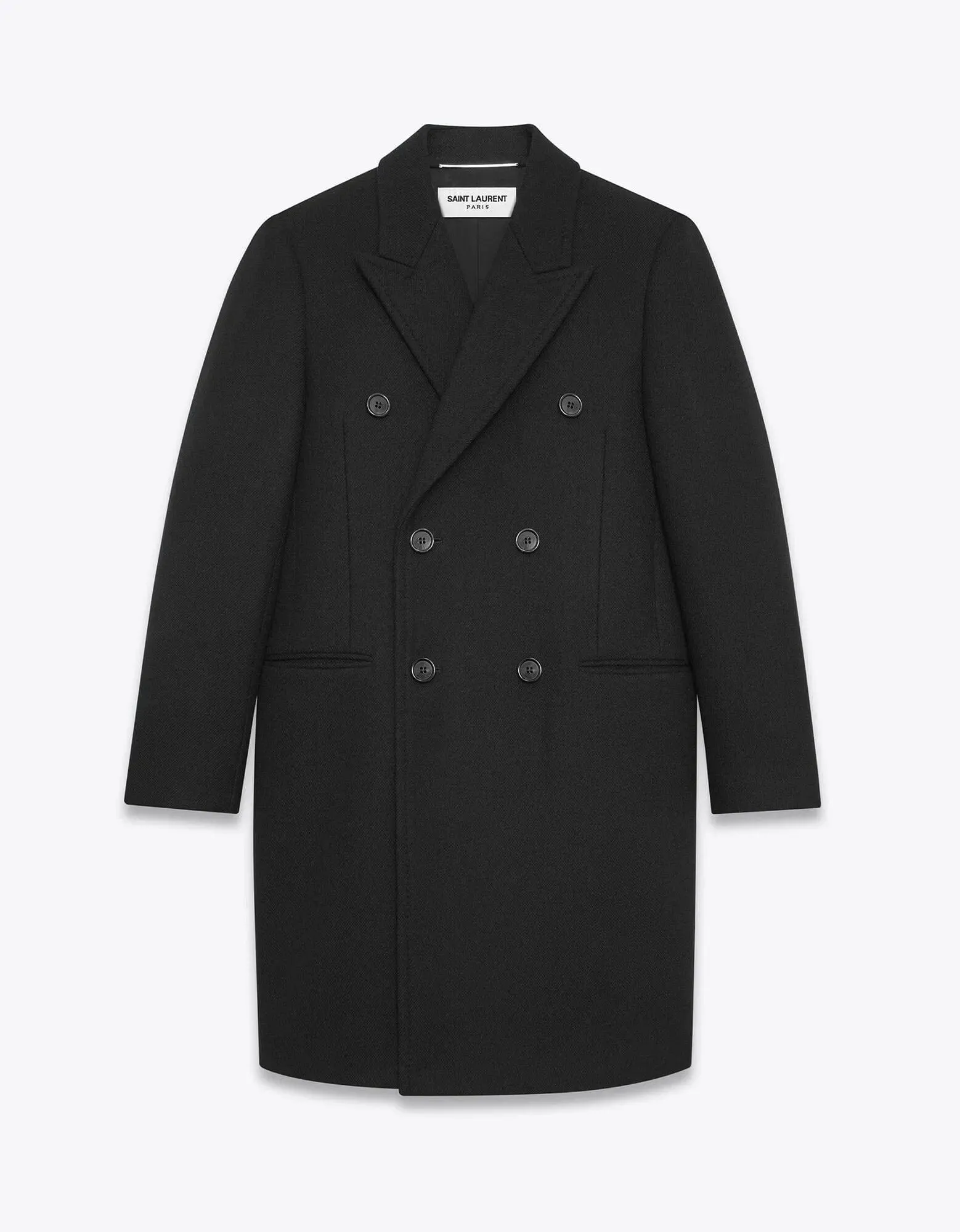 Saint Laurent Black Double-Breasted Wool Coat sold by Zoo Fashions