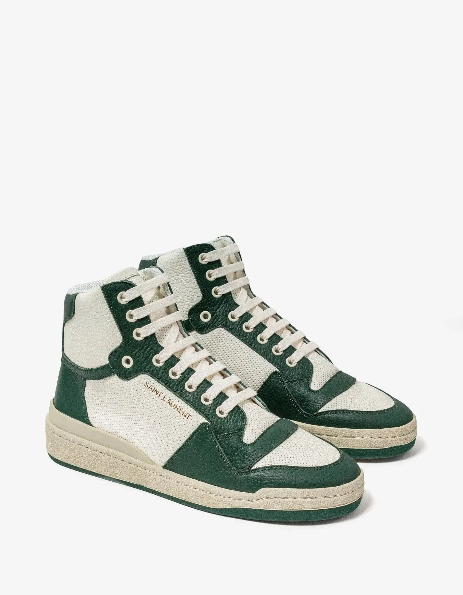 Saint Laurent White & Green SL/24 Mid Top Trainers sold by Zoo Fashions