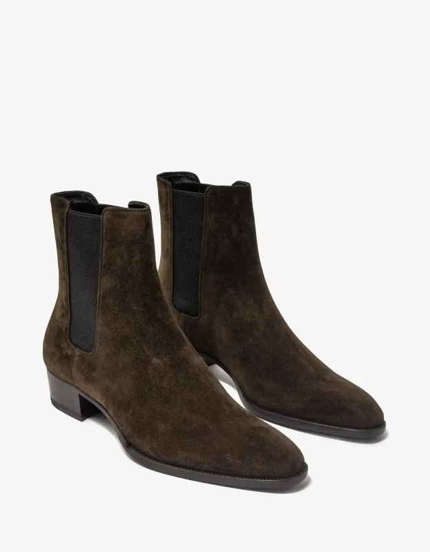 Saint Laurent Brown Suede Wyatt Chelsea Boots sold by Zoo Fashions