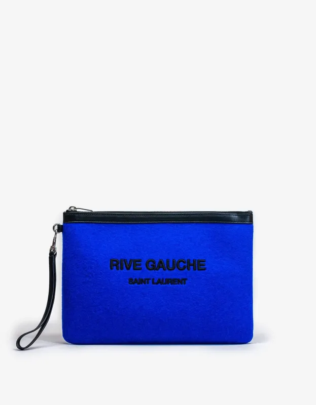 Saint Laurent Blue Wool Felt Rive Gauche Zip Pouch sold by Zoo Fashions