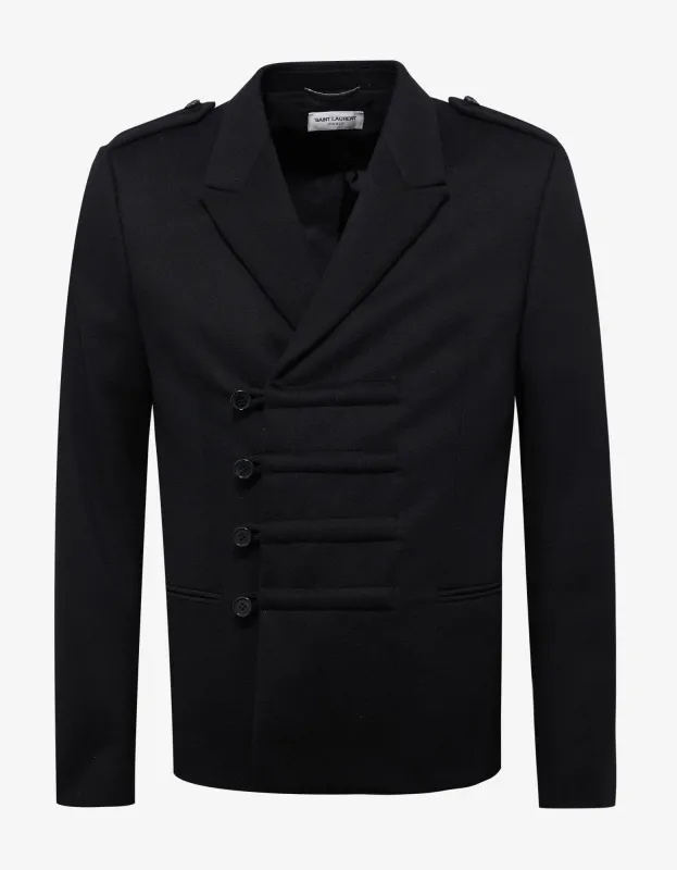 Saint Laurent Black Military Double-Breasted Wool Jacket sold by Zoo Fashions