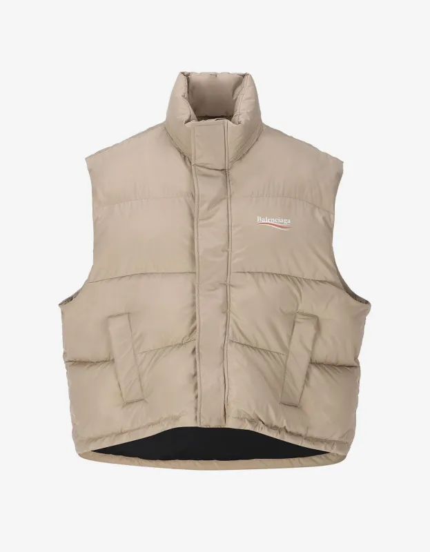 Balenciaga Beige Political Campaign Cocoon Puffer Gilet sold by Zoo Fashions