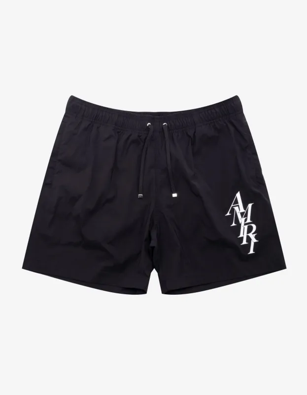Amiri Black Stack Logo Swim Shorts sold by Zoo Fashions
