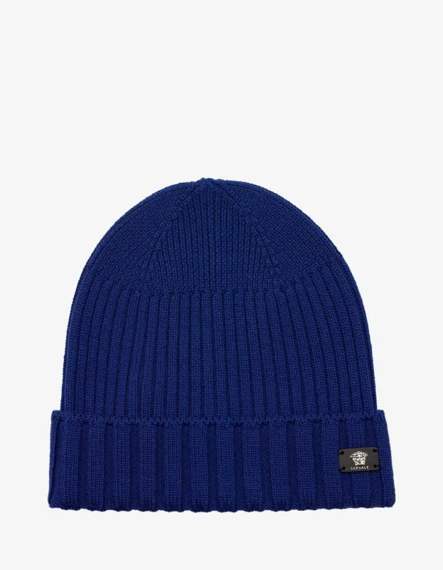 Versace Blue Ribbed Wool Beanie Hat sold by Zoo Fashions