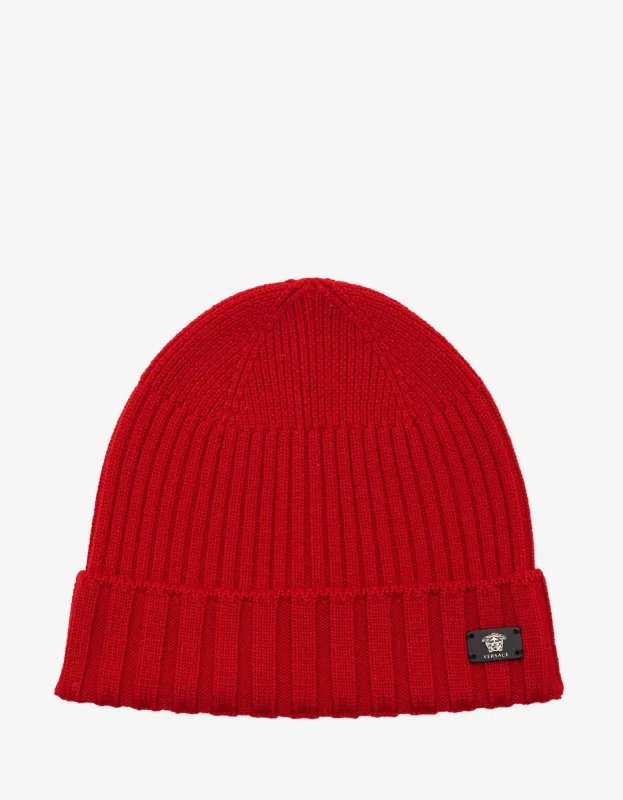 Versace Red Ribbed Wool Beanie Hat sold by Zoo Fashions