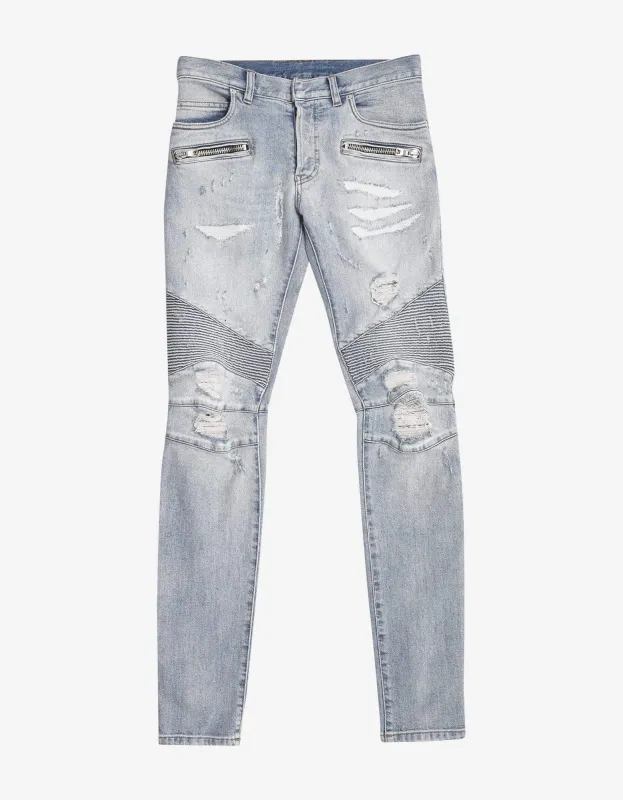 Balmain Light Blue Repaired Biker Jeans sold by Zoo Fashions