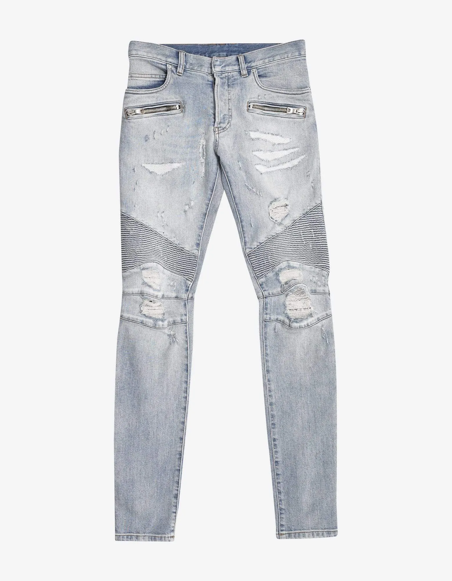Balmain Light Blue Repaired Biker Jeans sold by Zoo Fashions
