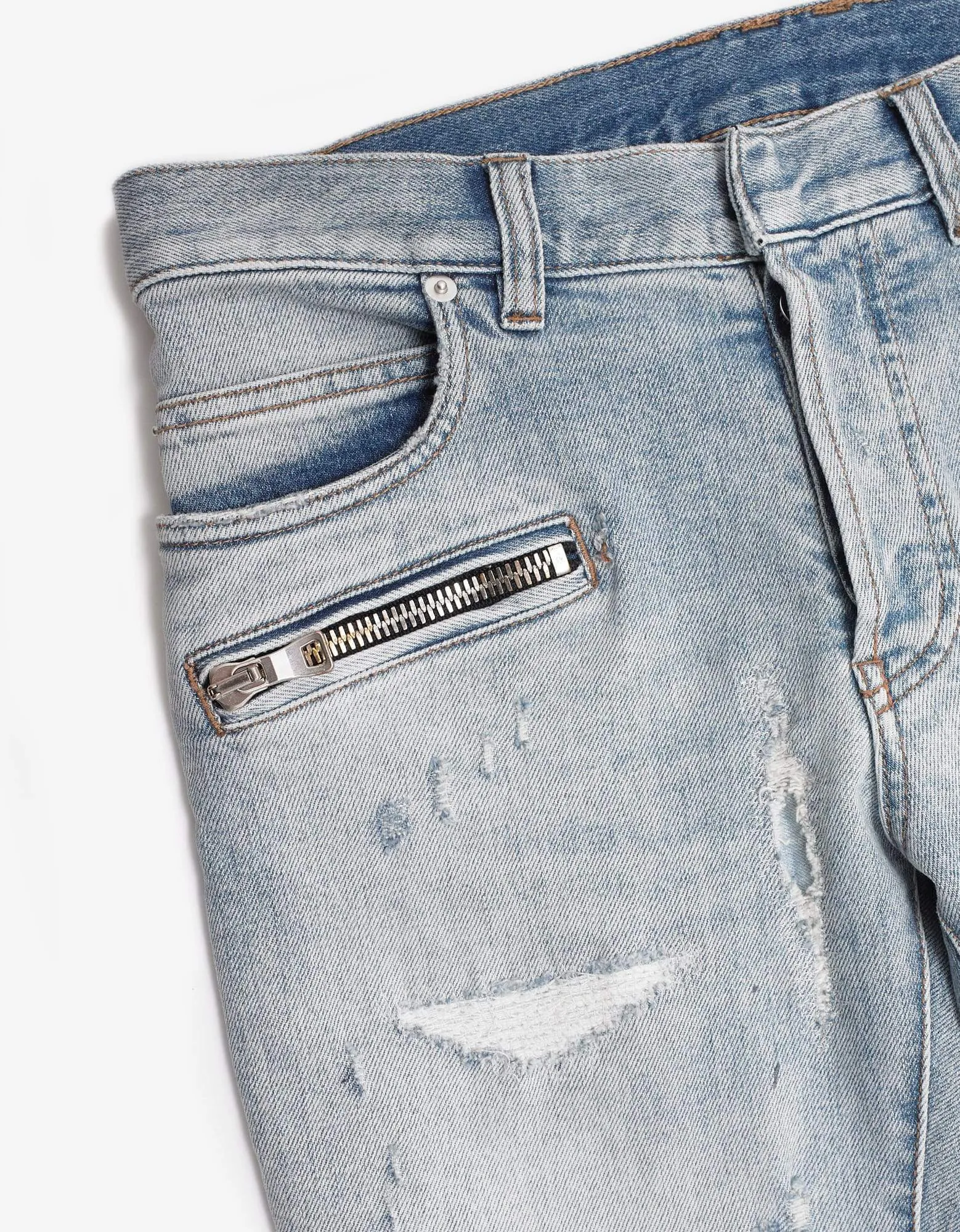Balmain Light Blue Repaired Biker Jeans sold by Zoo Fashions product image thumbnail 3