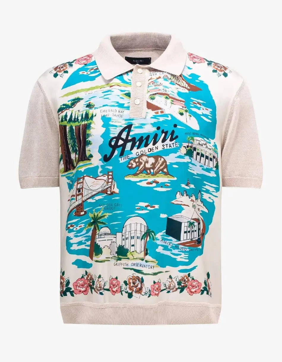 Amiri Beige Aloha Silk Polo T-Shirt sold by Zoo Fashions