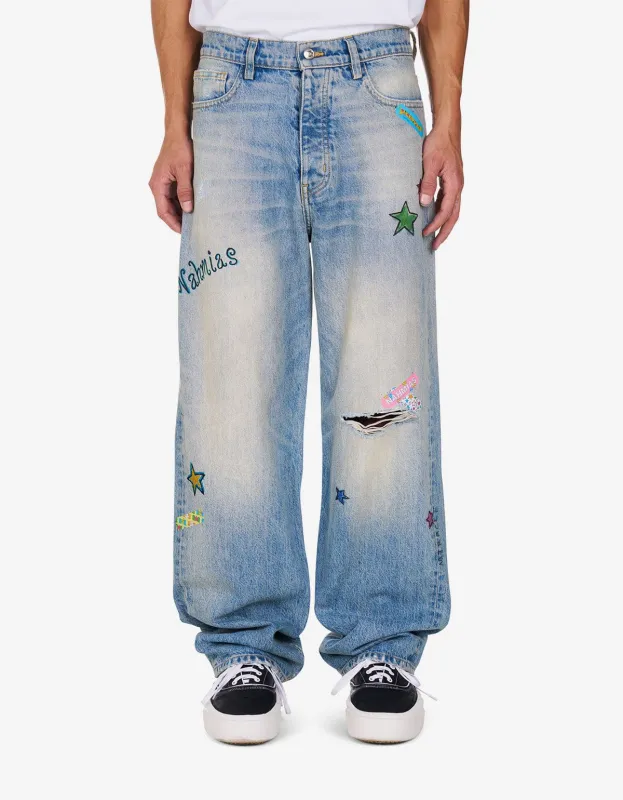 Nahmias Blue Bandaid Baggy Jeans made by Zoo Fashions