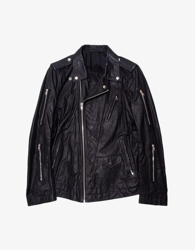 Rick Owens Black Zipped Stooges Leather Biker Jacket - SS16 sold by Zoo Fashions