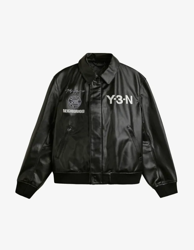 Y-3 Neighborhood Black Leather Bomber Jacket sold by Zoo Fashions