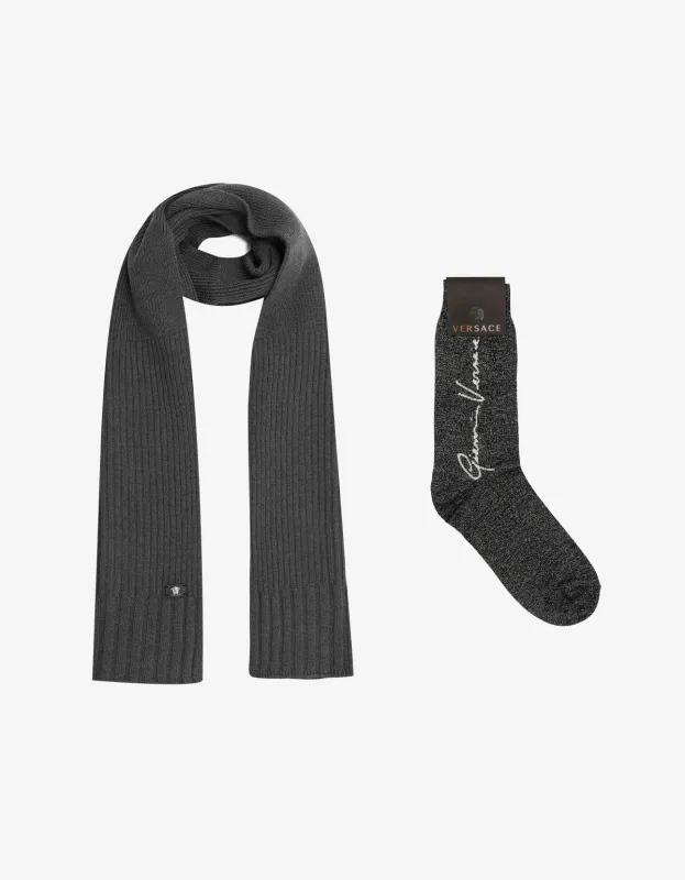 Versace Grey Ribbed Wool Scarf & Socks Set sold by Zoo Fashions
