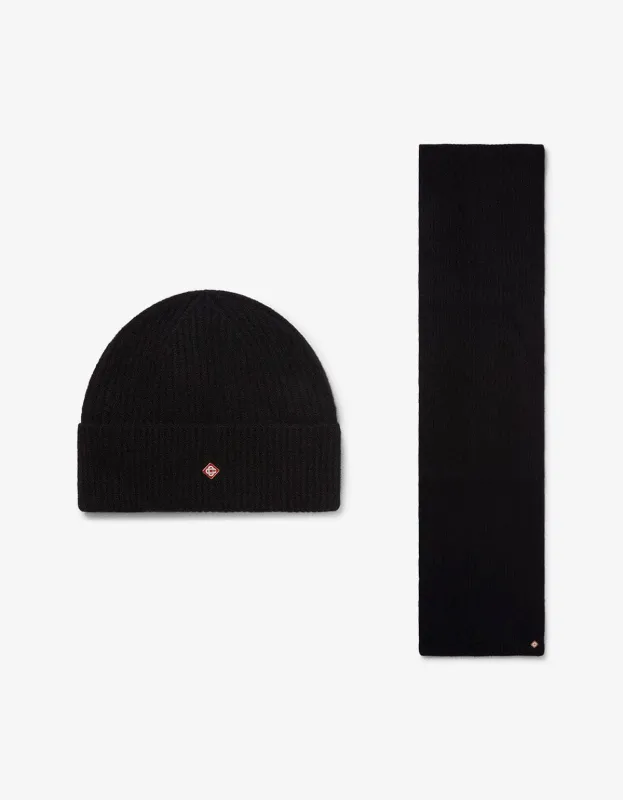 Casablanca Black Wool Rib Hat & Scarf Set made by Casablanca