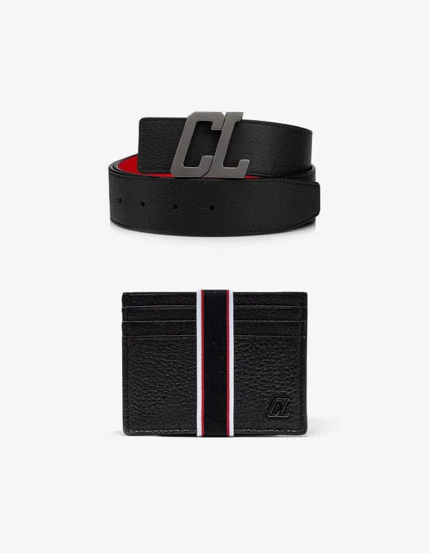Christian Louboutin Happy Rui CL Black Belt & FAV Kios Black Card Holder Set sold by Zoo Fashions