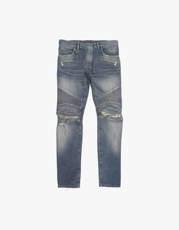 Balmain Stonewash Ripped Knee Skinny Biker Jeans sold by Zoo Fashions