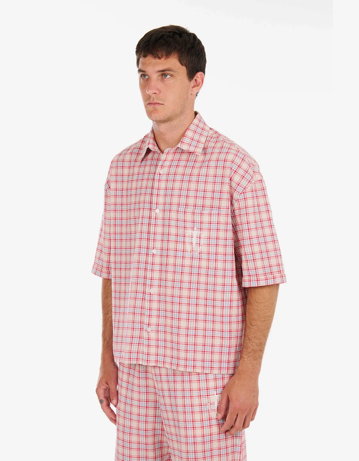 Nahmias Red Plaid Summerlandum Cropped Short Sleeve Shirt & White P.E. Cherub Baggy Sweatpants sold by Zoo Fashions product image thumbnail 4