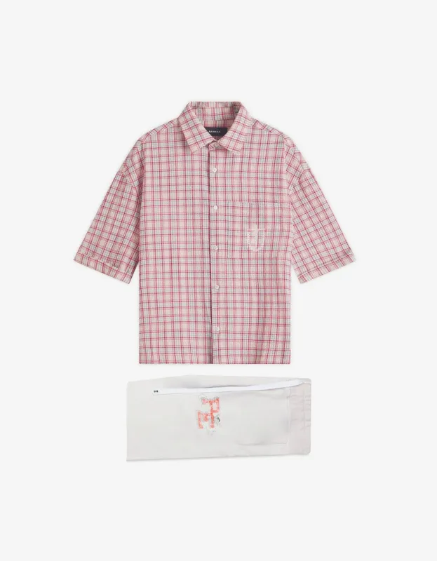 Nahmias Red Plaid Summerlandum Cropped Short Sleeve Shirt & White P.E. Cherub Baggy Sweatpants made by Nahmias