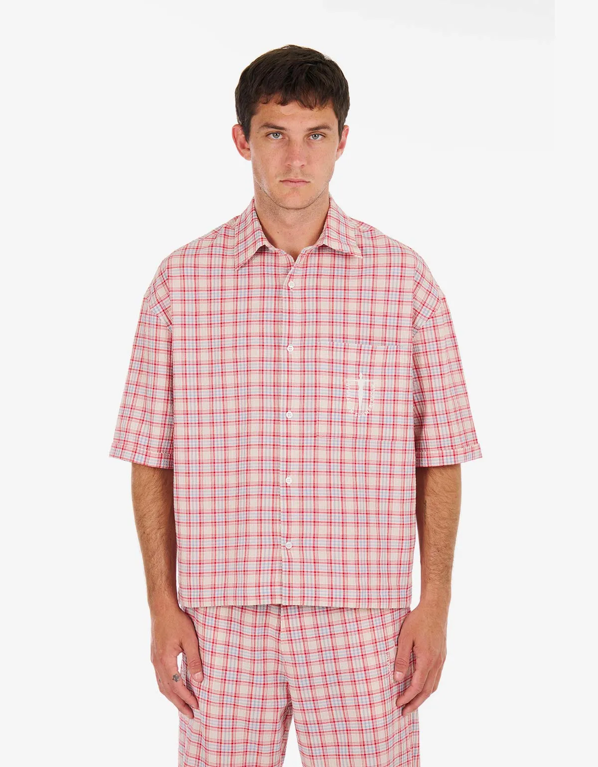Nahmias Red Plaid Summerlandum Cropped Short Sleeve Shirt & White P.E. Cherub Baggy Sweatpants sold by Zoo Fashions product image thumbnail 2
