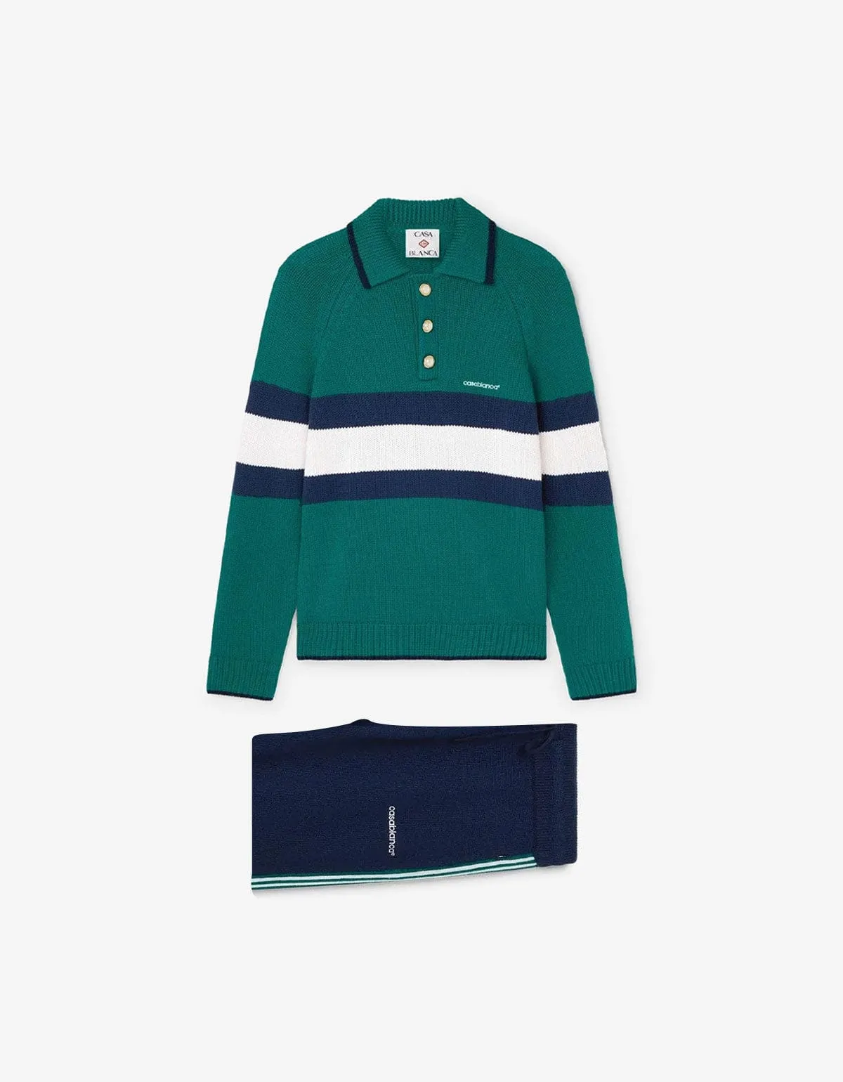 Casablanca Green Colourblock Polo Shirt & Navy Blue Knit Tennis Trousers Bundle sold by Zoo Fashions