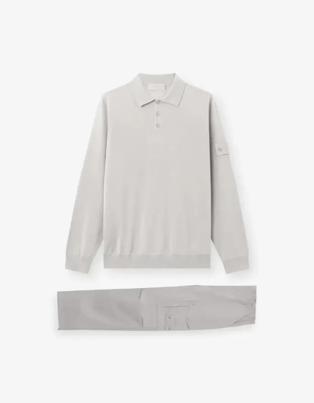 Stone Island Ghost Grey Wool Long Sleeve Polo Shirt & All-Weather Cargo Trousers sold by Zoo Fashions