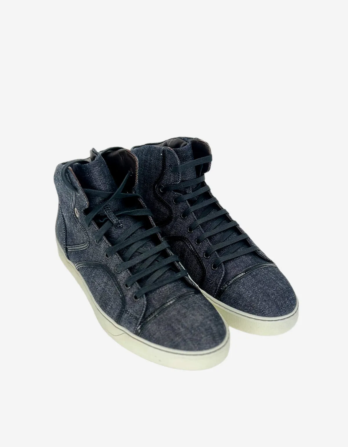 Lanvin Denim Blue Hi Top Sneaker With Patent Leather Details sold by Zoo Fashions
