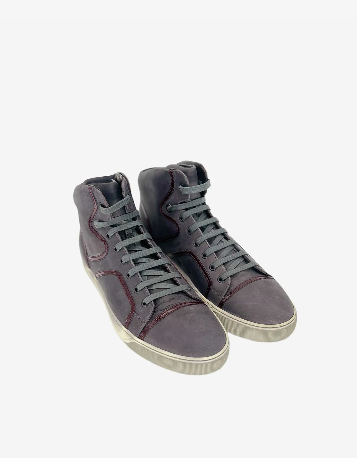 Lanvin Grey Leather Hi Top Sneaker With Bordeaux Patent Leather Details sold by Zoo Fashions