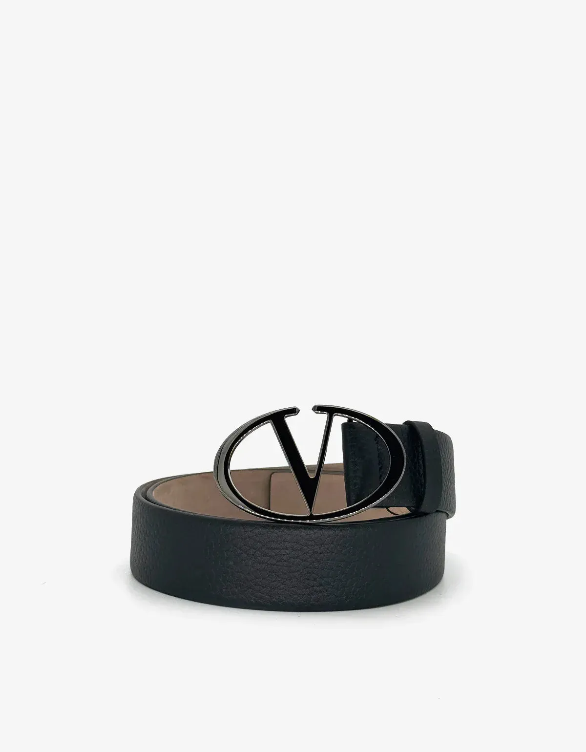 Valentino Garavani Black 'V' Buckle Grain Leather Belt sold by Zoo Fashions